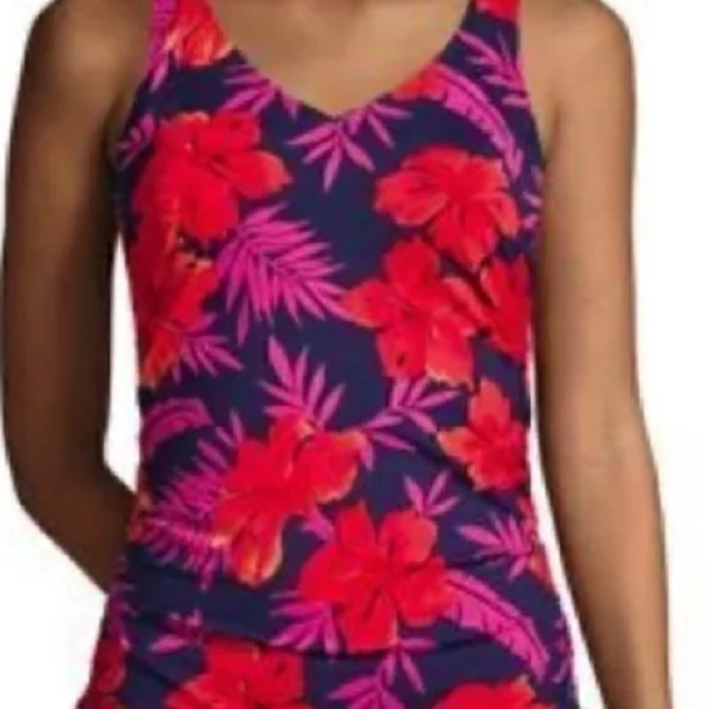 Lands' End, Waikiki Floral Adjustable Straps & Sides Tankini, Blue/Pink, 22W